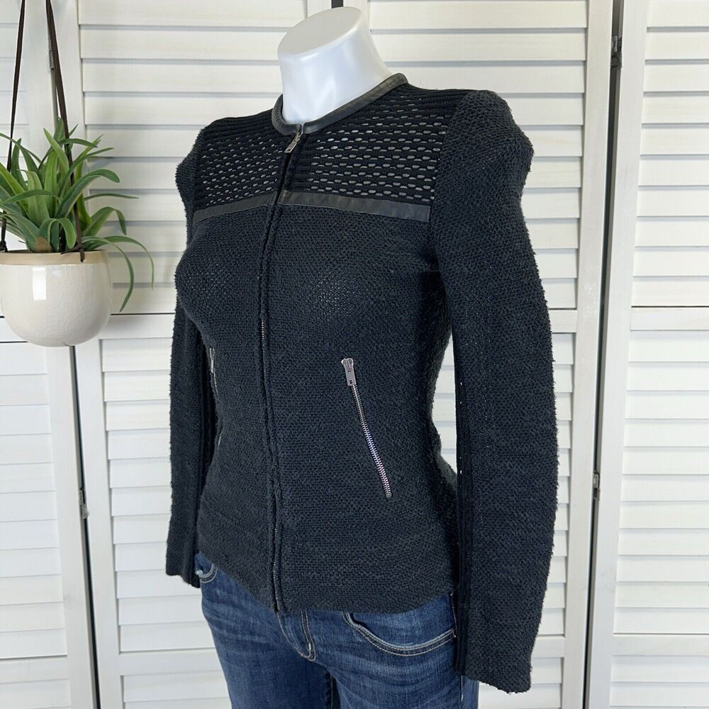 IRO Black Hurley‎ Knit Sweater Jacket Lamb Leather Trim Zip Up Size 36 US 2